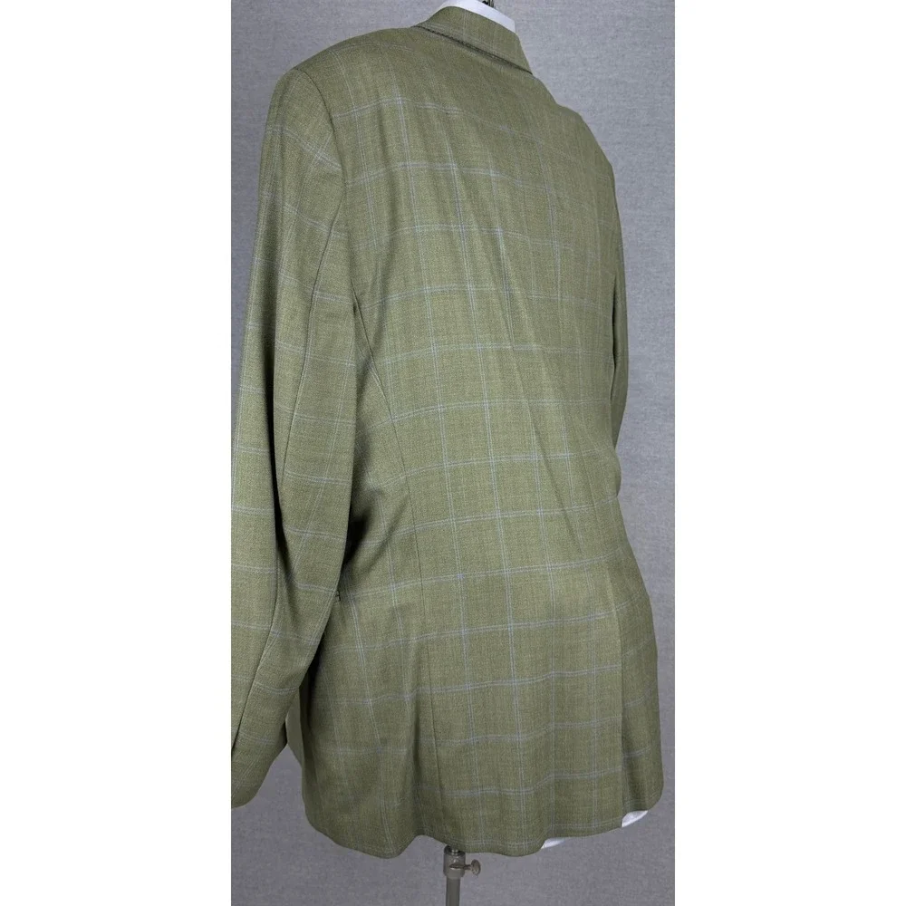 Hickey Freeman Mens 44R Sport Coat Wool Silk Olive Green Windowpane Blazer M481